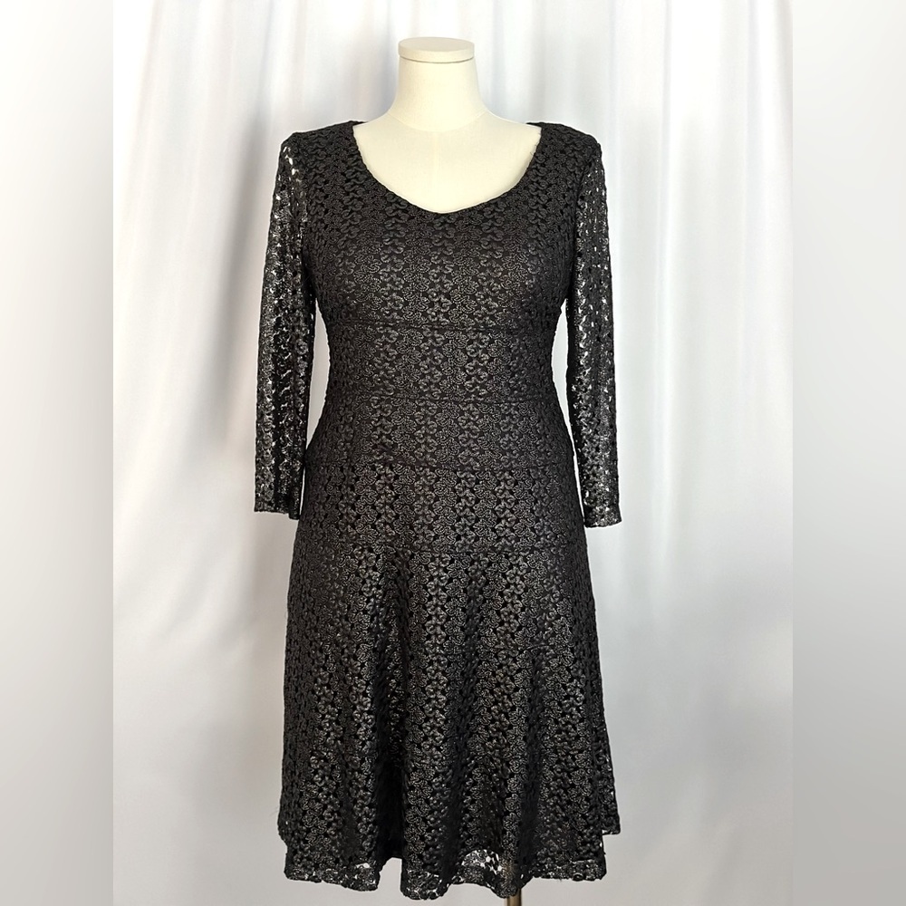 Anne Klein Black Metallic Silver Lace 3/4 Sleeve Fit-and-Flare Dress
